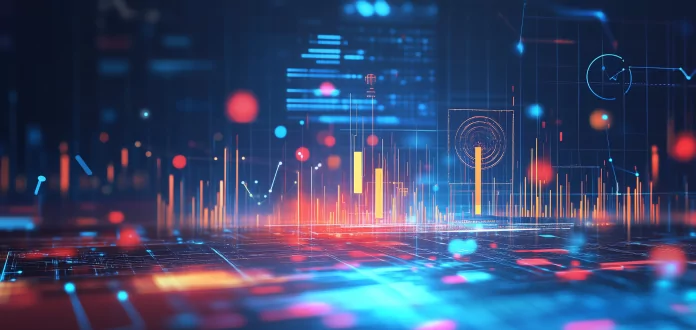 Digital graphic with technological backgrounds and charts.