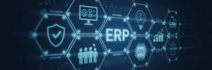 Digital graphic with the text "ERP" and connection icons, associated with ERP support and the digital supply chain.