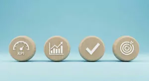 Graphic with circular icons representing charts and a check mark, associated with supply chain KPIs.