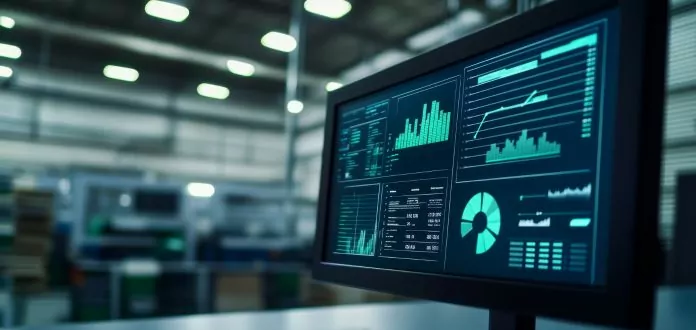 Computer screen with charts and data in an industrial or logistics setting.