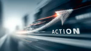 Digital graphic with gradient backgrounds and the word "ACTION," associated with performance improvement.