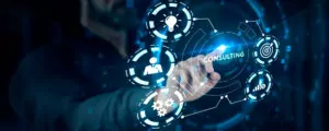Digital graphic with a hand interacting with technological and glowing icons, associated with consultancy and assessment.