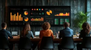 Illustration of a team of people observing charts during a meeting.