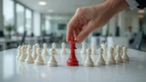 Chess pieces placed on a surface with a red pawn in the center.
