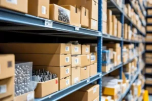 Warehouse shelving with boxes for inventory and logistics management