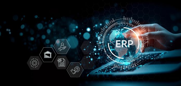 Digital graphic with blue backgrounds and technological symbols, associated with supply chain and ERP.