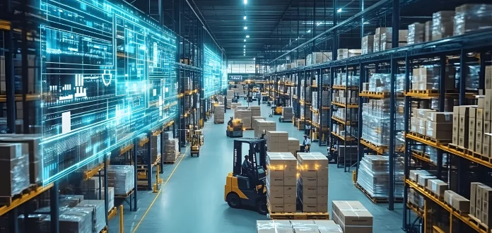 Internal view of a logistics warehouse with a forklift and high shelving, associated with warehouse management and supply chain logistics.