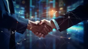 A handshake against a digital technological background with blue and orange tones, associated with reliable partners in the supply chain.