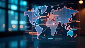 Digital graphic with a world map and blue tones, associated with geopolitical risks in the supply chain.