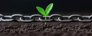 Green sprout on metal chain for Supply Chain sustainability and resilience