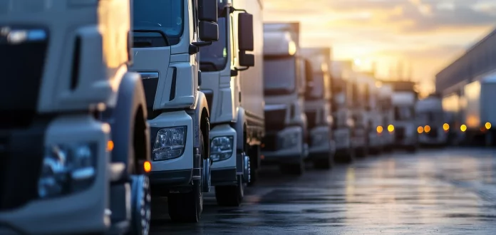 Heavy vehicles in logistics area for freight transport and Supply Chain management