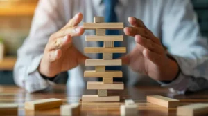 Hands composing wooden blocks to organize and structure business processes