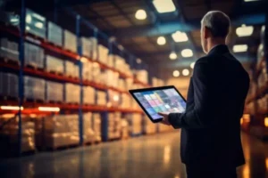 Operator with tablet in the warehouse for stock control and logistics activities