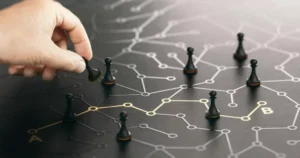 Strategic path with pawns on a map for Supply Chain process planning