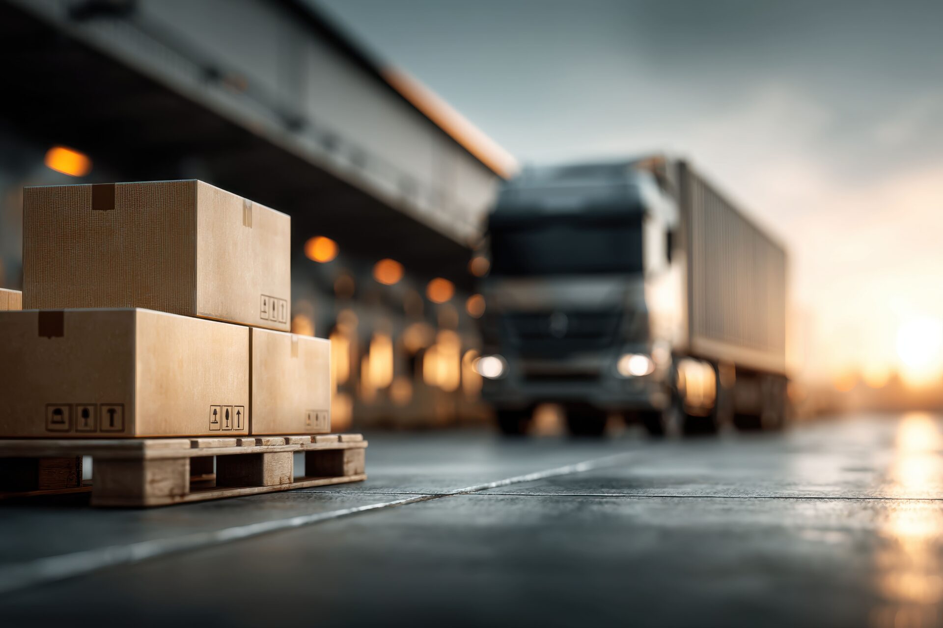 Camion e merci su pallet in un hub logistico pronti per la distribuzione nell'ambito della gestione supply chain di Makeitalia