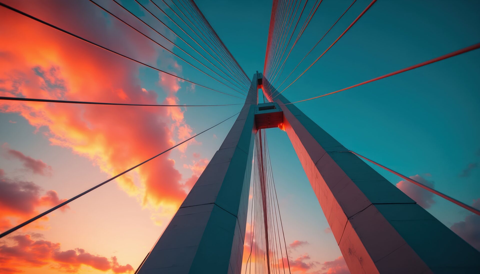 La vista prospettica di un ponte strallato verso il cielo al tramonto.