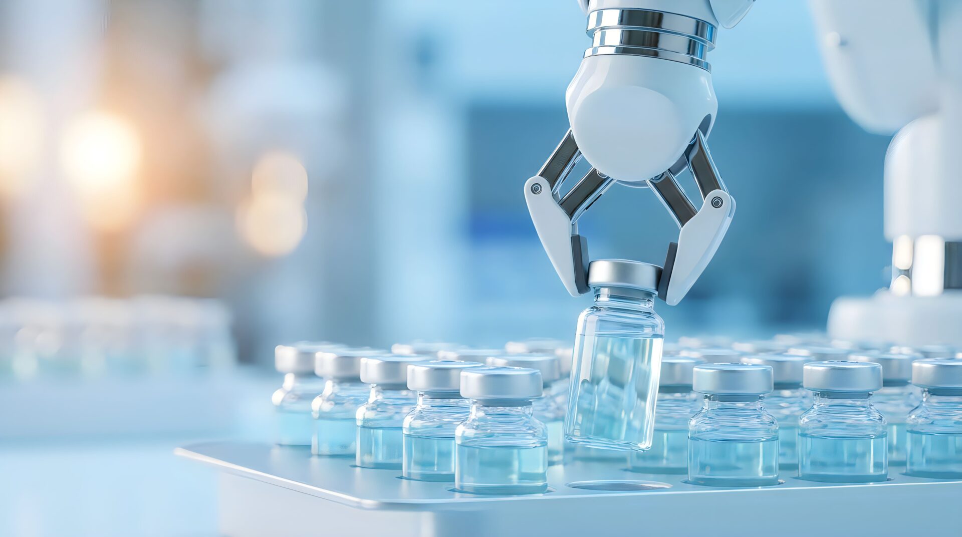 Un braccio robotico in un laboratorio farmaceutico mentre manipola flaconi di medicinali, associato al settore farmaceutico.