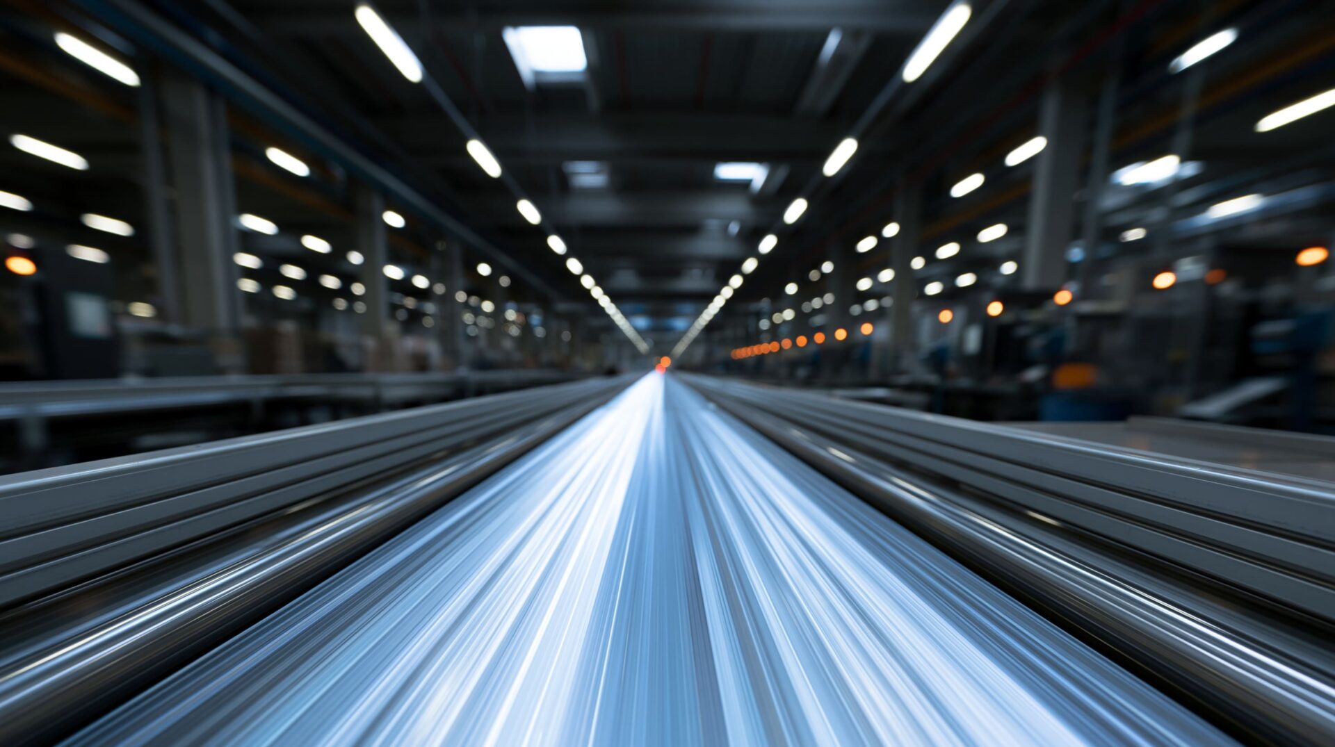 Prospettiva in movimento all'interno di un grande impianto industriale con strutture metalliche, associato al settore industriale.