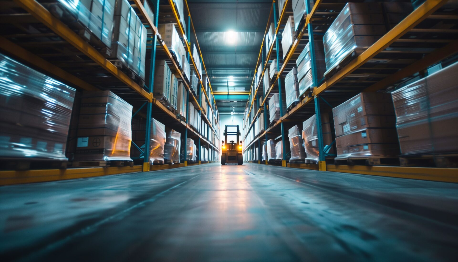 Vista interna di un magazzino logistico illuminato con scaffalature alte e un carrello elevatore in movimento, associato al settore logistico.