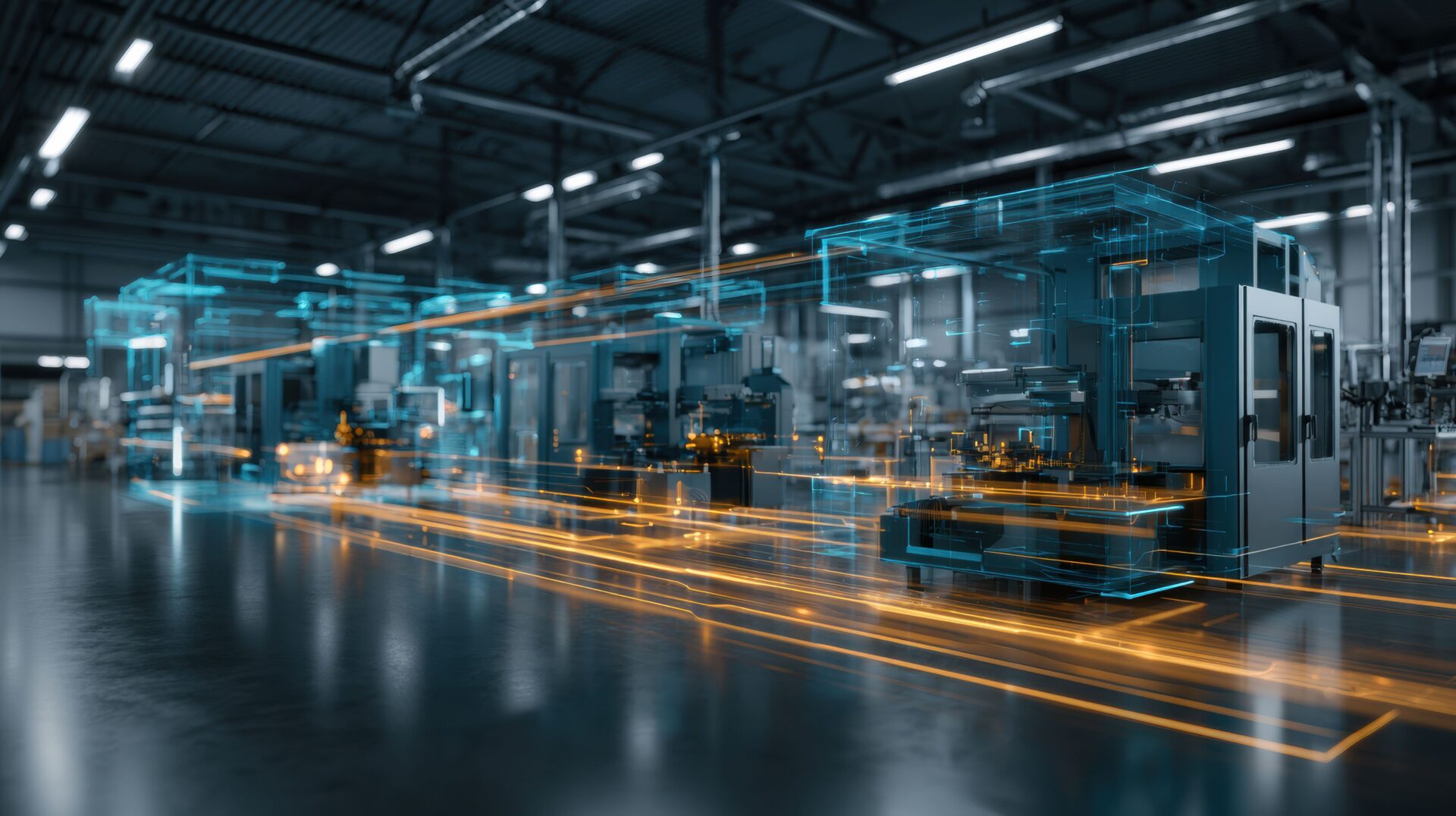 Interno di uno stabilimento industriale manifatturiero con macchinari ed effetti di movimento, associato al settore manifatturiero.