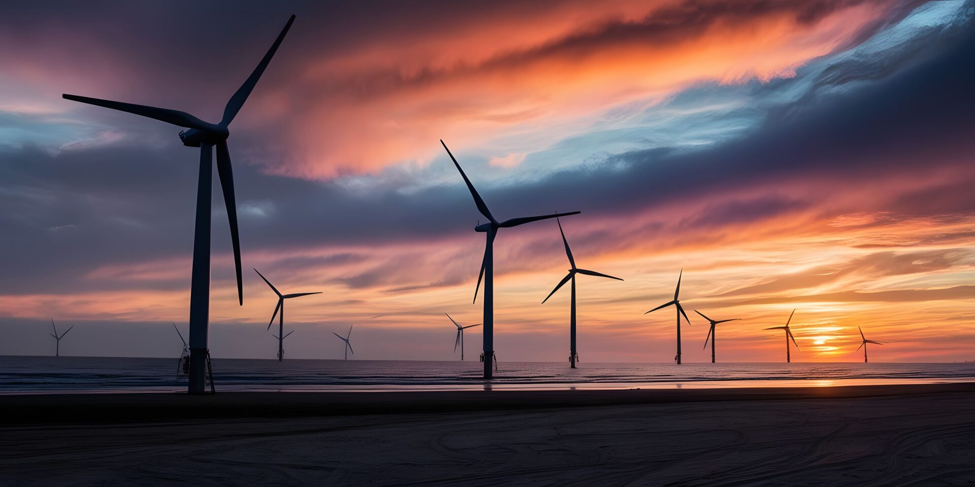 Panorama al tramonto con la sagoma di una turbina eolica e pali della luce, associato a progetti multiutility.